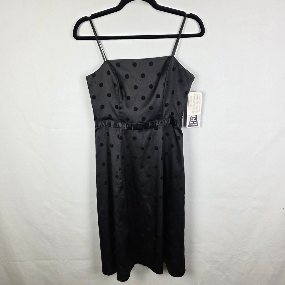 Vintage City Triangles Black Glitter Polka Dot Satin Midi Dress Womens 7/8 y2k